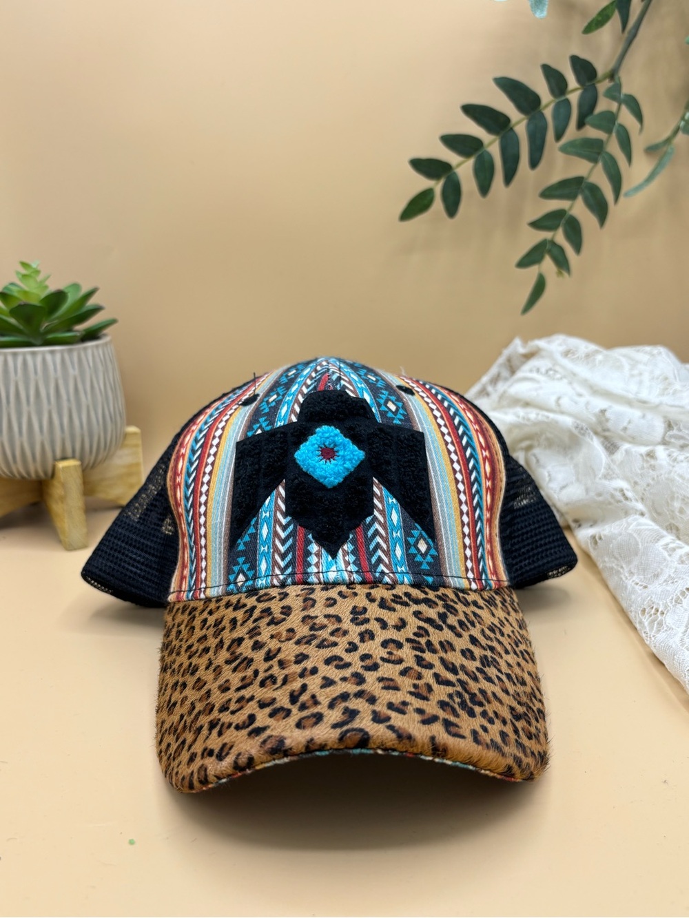 One24 Rags Aztec Leopard Trucker Hat Western Boho Embroidered Patch Cap